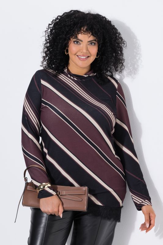 Diagonal Striped Lace-Trimmed Turtleneck Blouse