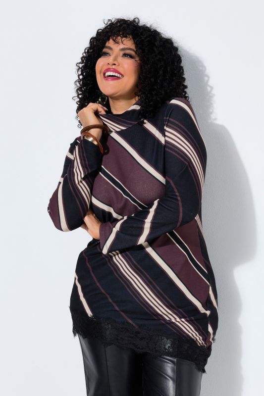 Diagonal Striped Lace-Trimmed Turtleneck Blouse