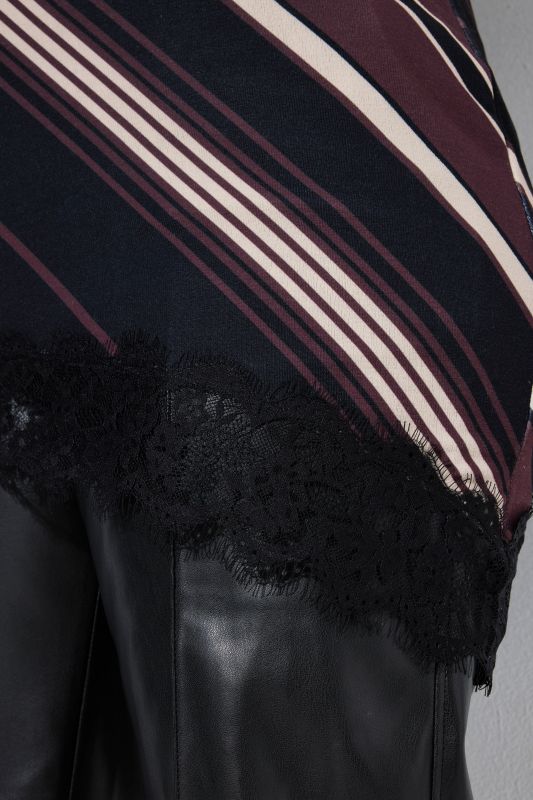 Diagonal Striped Lace-Trimmed Turtleneck Blouse