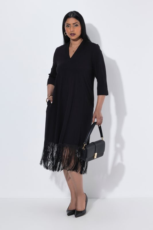 Fringed Punto di Roma Goblet Collar Dress