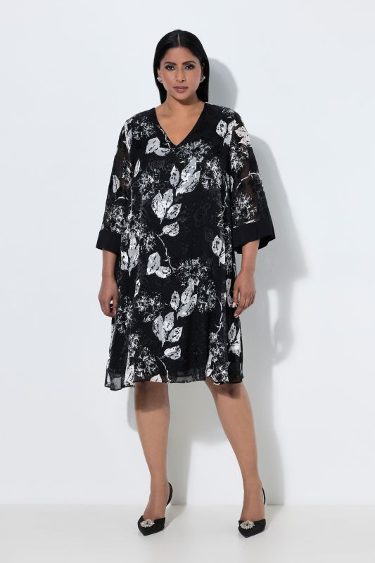 Floral Silk Blend 3/4 Sleeve Burnout Dress