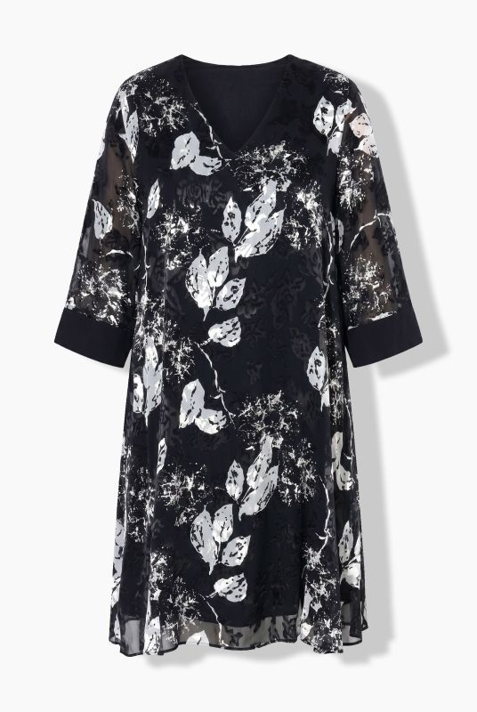 Floral Silk Blend 3/4 Sleeve Burnout Dress