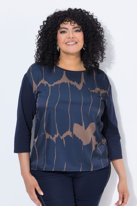 Mixed Material 3/4 Sleeve T-Shirt Blouse
