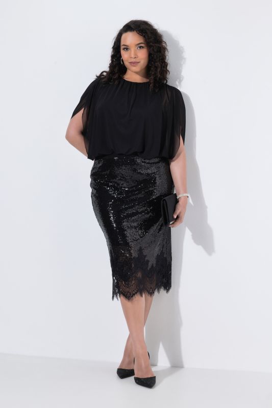 Sequined Elastic Waist Lace-Trimmed Skirt
