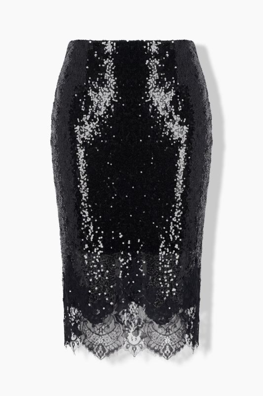 Sequined Elastic Waist Lace-Trimmed Skirt