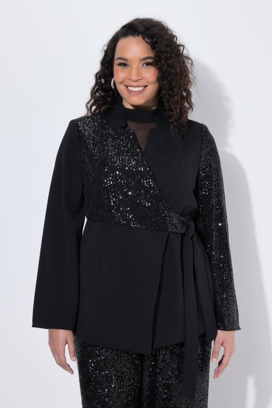 Wrap Style Sequin Paneled Long Sleeve Blazer