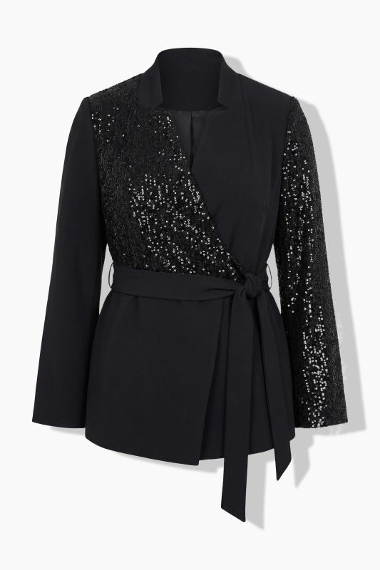 Wrap Style Sequin Paneled Long Sleeve Blazer