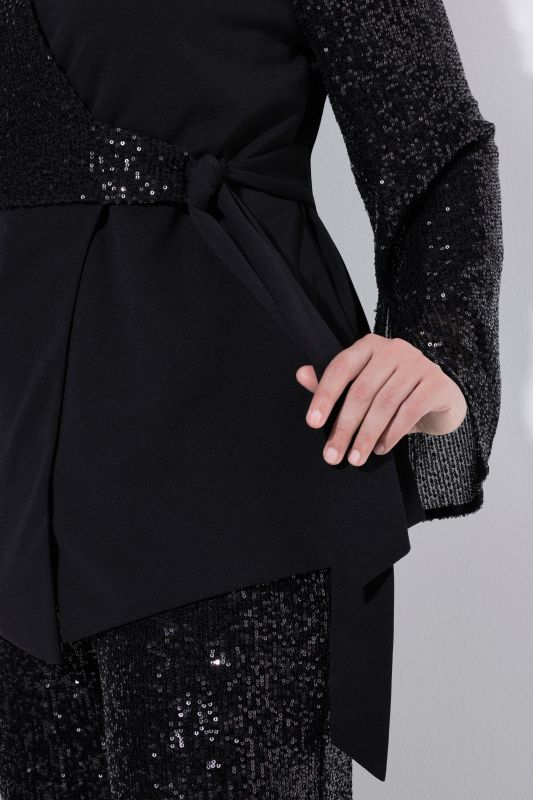 Wrap Style Sequin Paneled Long Sleeve Blazer