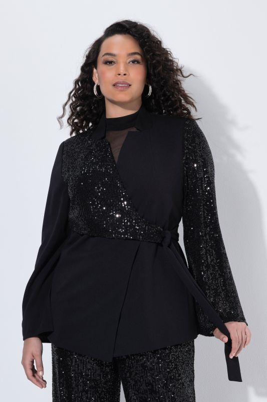 Wrap Style Sequin Paneled Long Sleeve Blazer