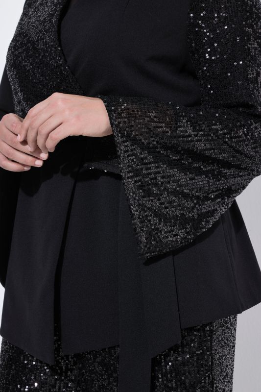 Wrap Style Sequin Paneled Long Sleeve Blazer