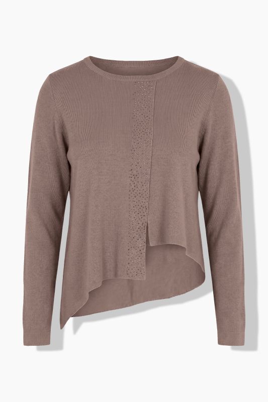 Asymmetric Rhinestone Studded Pointed Hem Sweater