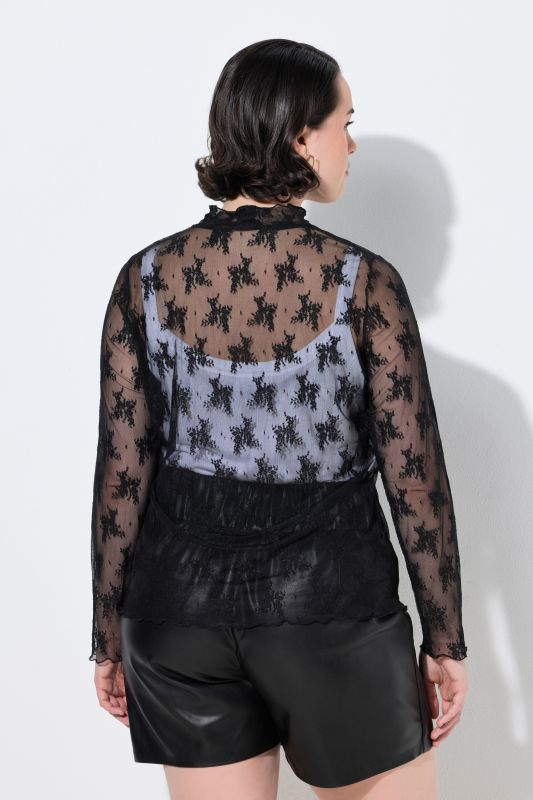 Sheer Lace Long Sleeve Turtleneck Blouse