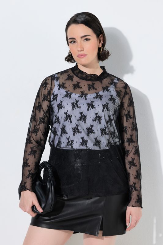 Sheer Lace Long Sleeve Turtleneck Blouse