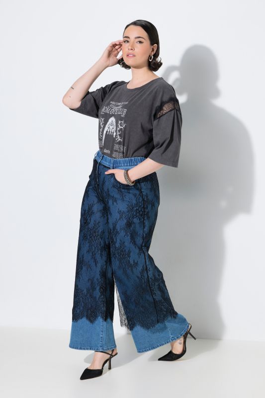 Wide Leg Lace Panel Stretch Fit Jeans