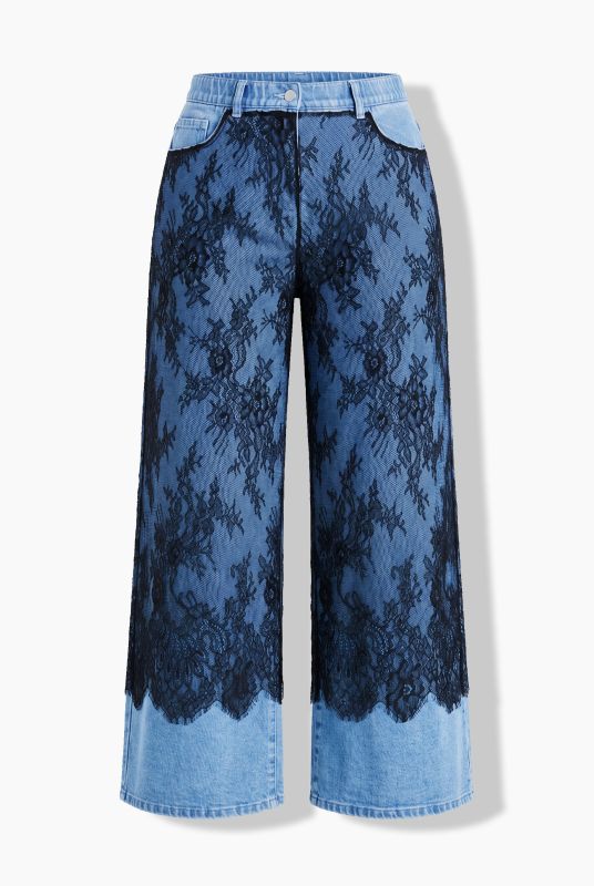 Wide Leg Lace Panel Stretch Fit Jeans