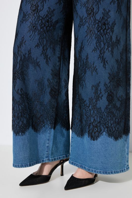 Wide Leg Lace Panel Stretch Fit Jeans
