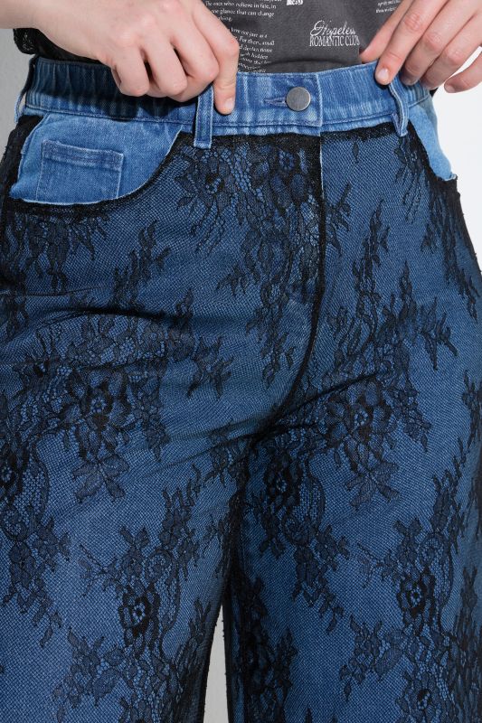 Wide Leg Lace Panel Stretch Fit Jeans