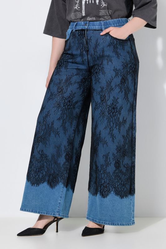 Wide Leg Lace Panel Stretch Fit Jeans