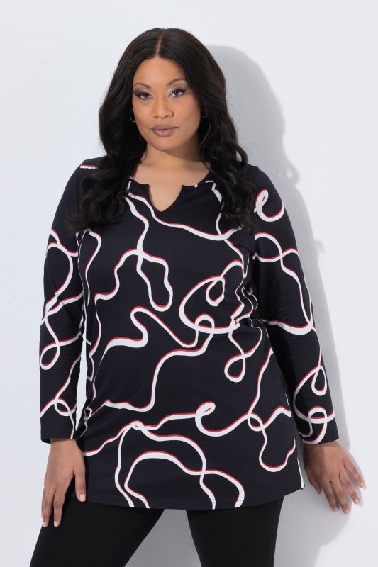 Wave Print Notch Neck A-Line Knit Tunic