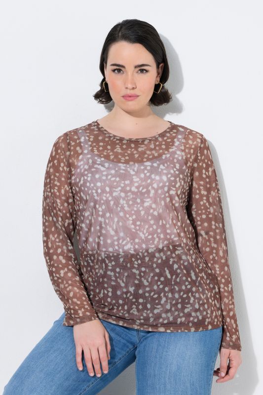 Sheer Mesh Long Sleeve Polka Dot Blouse