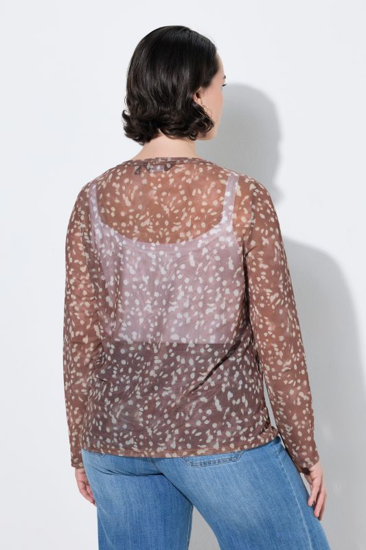 Sheer Mesh Long Sleeve Polka Dot Blouse