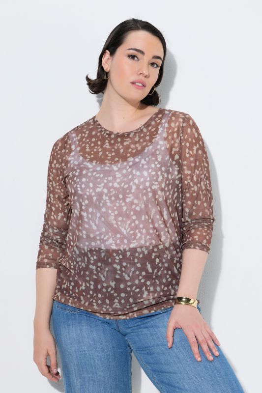 Sheer Mesh Long Sleeve Polka Dot Blouse