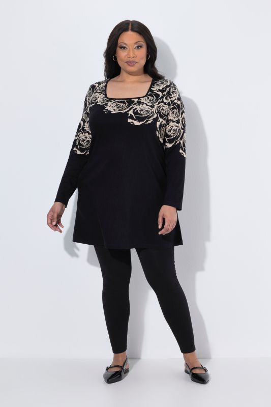 Rose Motif Square Neck A-Line Knit Tunic