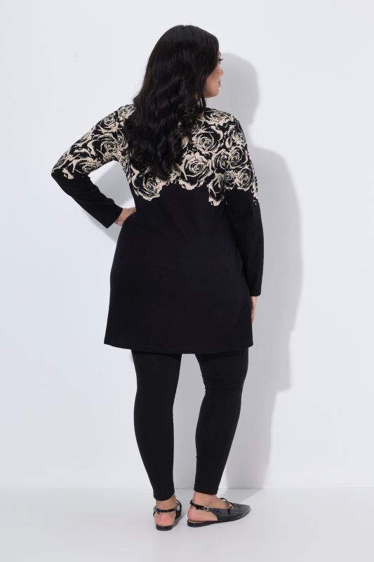 Rose Motif Square Neck A-Line Knit Tunic