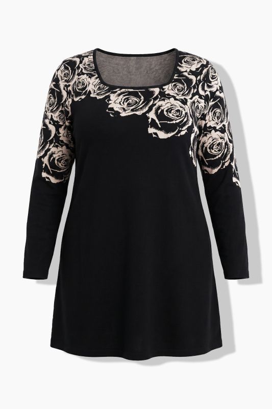 Rose Motif Square Neck A-Line Knit Tunic