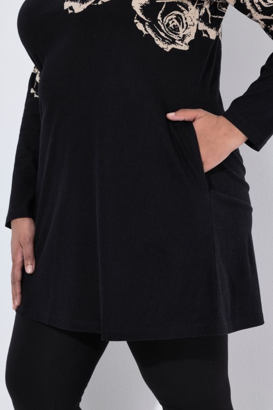 Rose Motif Square Neck A-Line Knit Tunic