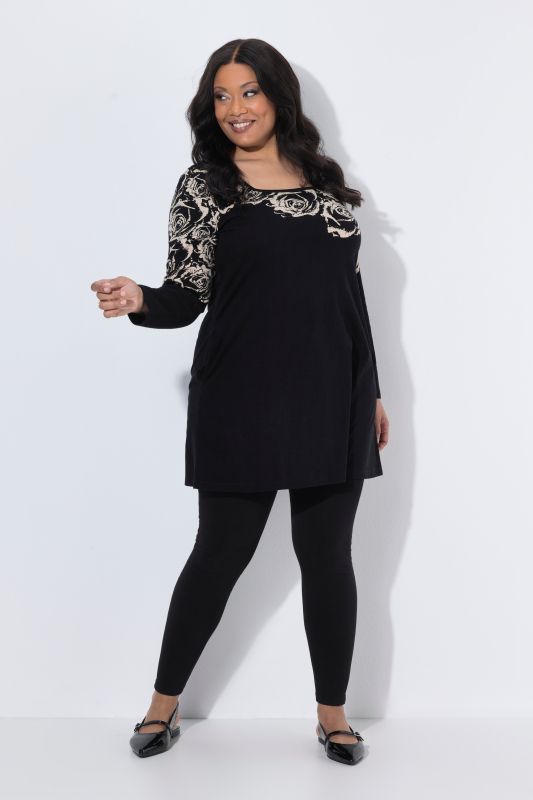 Rose Motif Square Neck A-Line Knit Tunic
