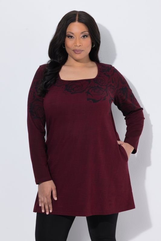 Rose Motif Square Neck A-Line Knit Tunic