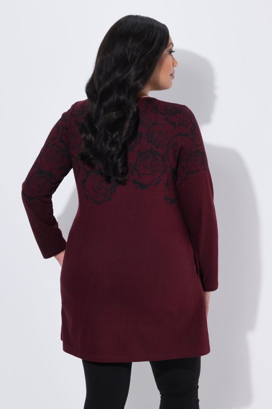 Rose Motif Square Neck A-Line Knit Tunic