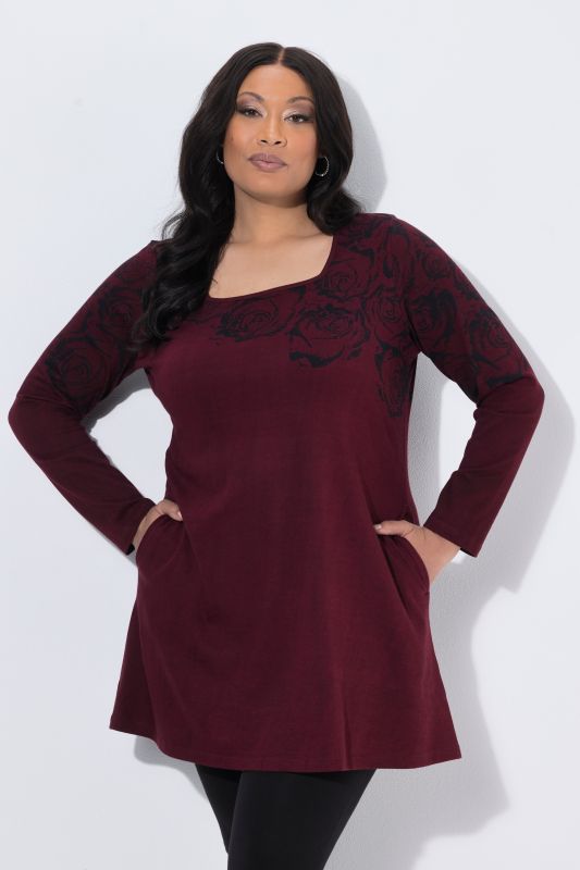 Rose Motif Square Neck A-Line Knit Tunic