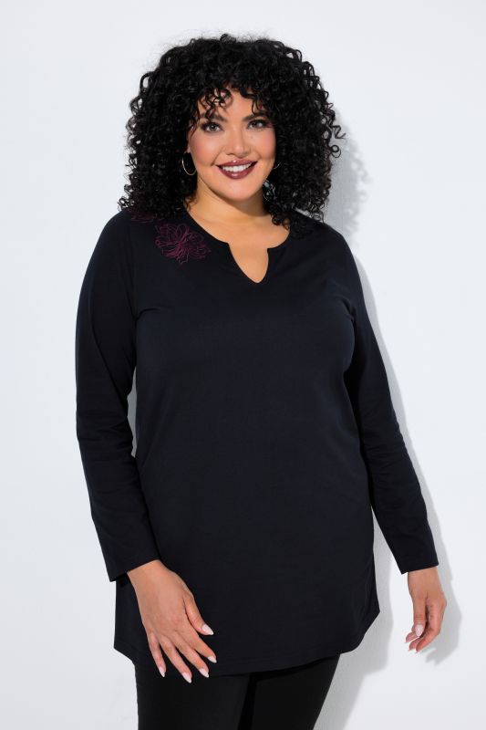 Floral Embroidered Long Sleeve Notch Neck Tunic Tee
