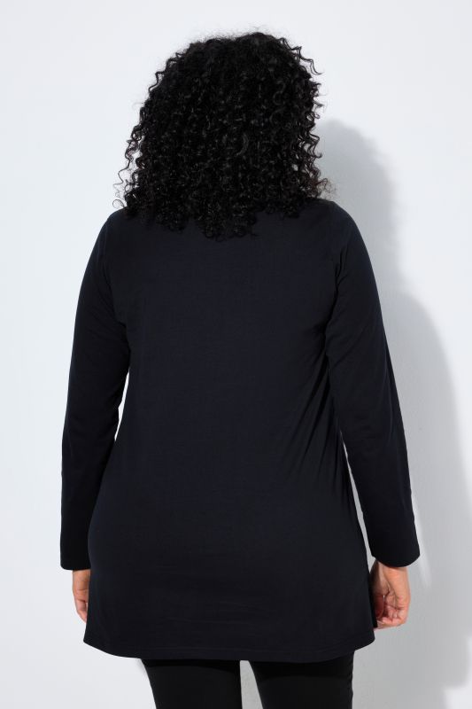 Floral Embroidered Long Sleeve Notch Neck Tunic Tee