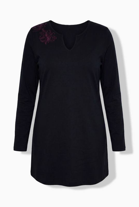 Floral Embroidered Long Sleeve Notch Neck Tunic Tee