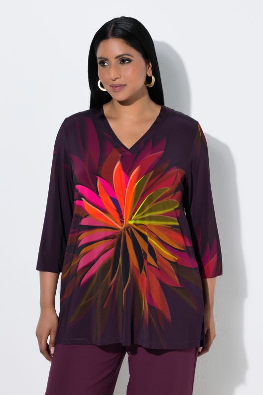 Leaf Print Stretch Knit 3/4 Sleeve T-Shirt Blouse
