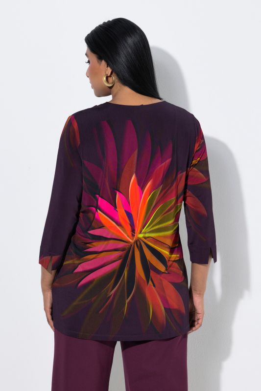 Leaf Print Stretch Knit 3/4 Sleeve T-Shirt Blouse