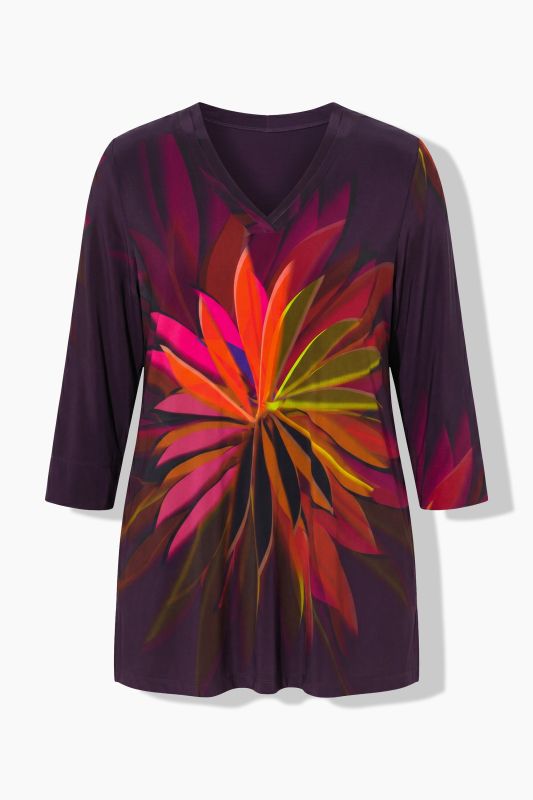 Leaf Print Stretch Knit 3/4 Sleeve T-Shirt Blouse