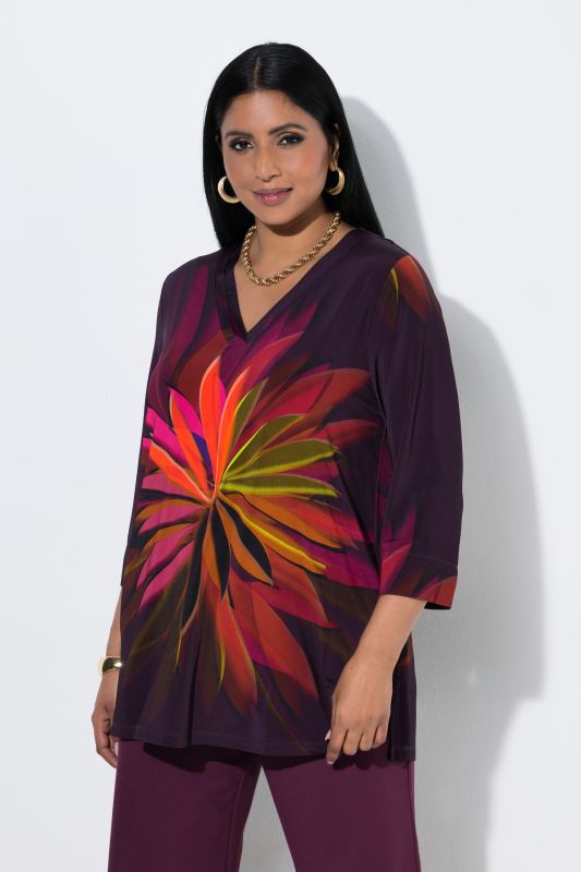 Leaf Print Stretch Knit 3/4 Sleeve T-Shirt Blouse