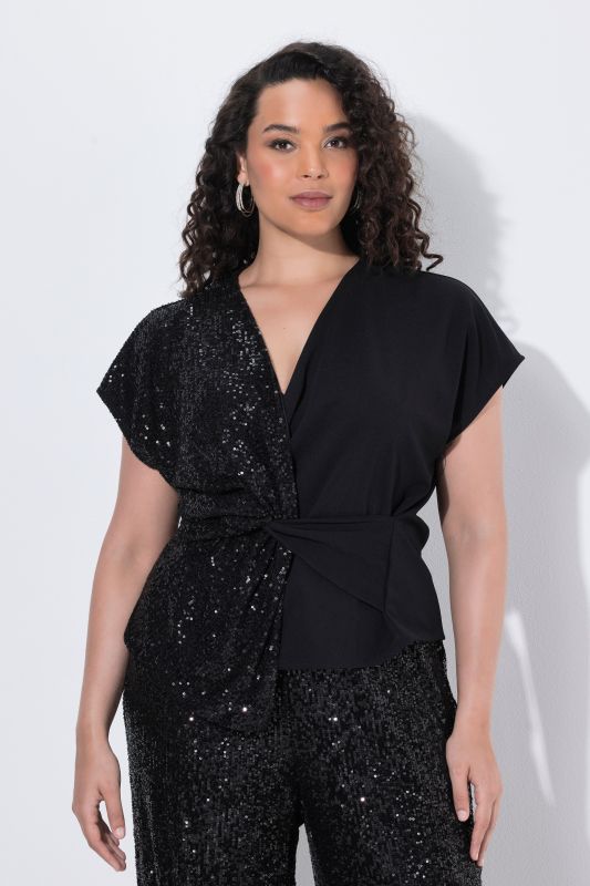 Split Style Sequined Jersey V-Neck Blouse
