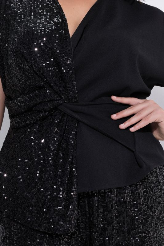 Split Style Sequined Jersey V-Neck Blouse