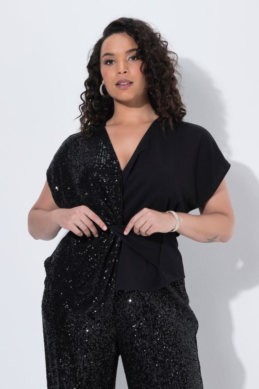 Split Style Sequined Jersey V-Neck Blouse
