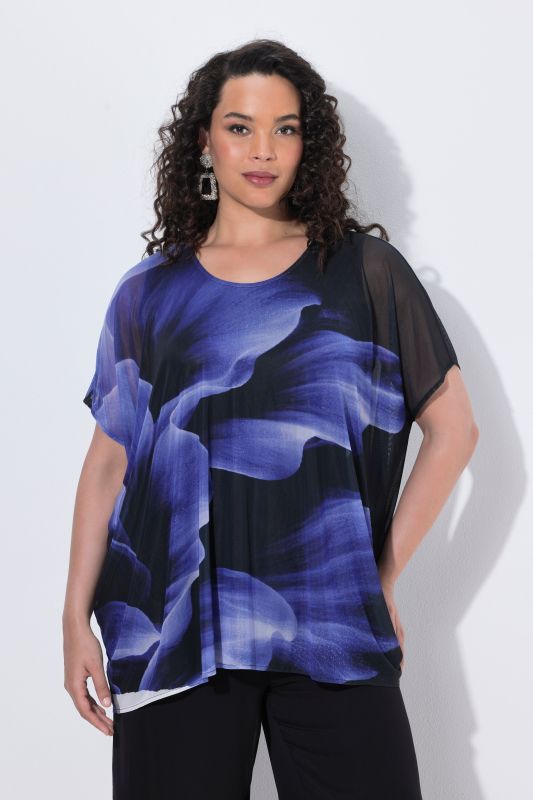 Oversized Flower Print Layered Mesh Blouse