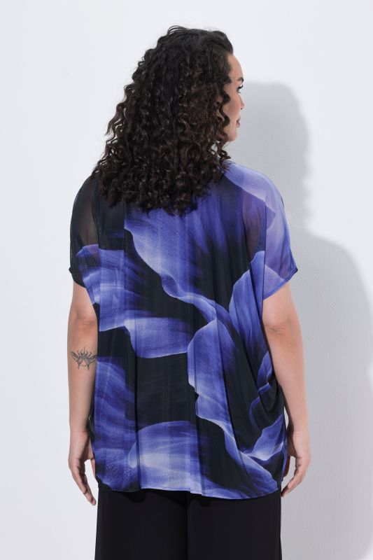Oversized Flower Print Layered Mesh Blouse