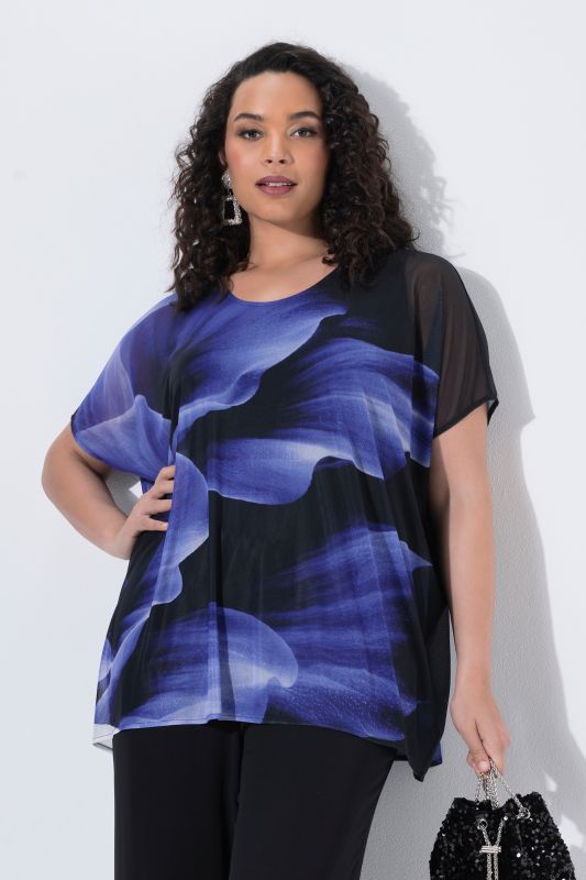 Oversized Flower Print Layered Mesh Blouse