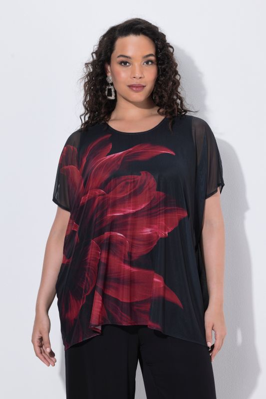 Red Floral Layered Mesh Blouse