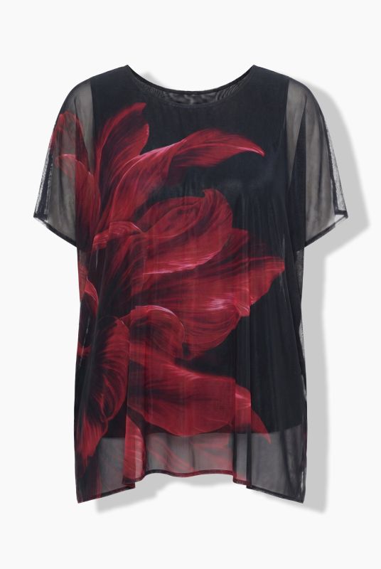 Red Floral Layered Mesh Blouse