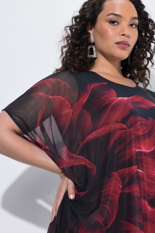 Red Floral Layered Mesh Blouse